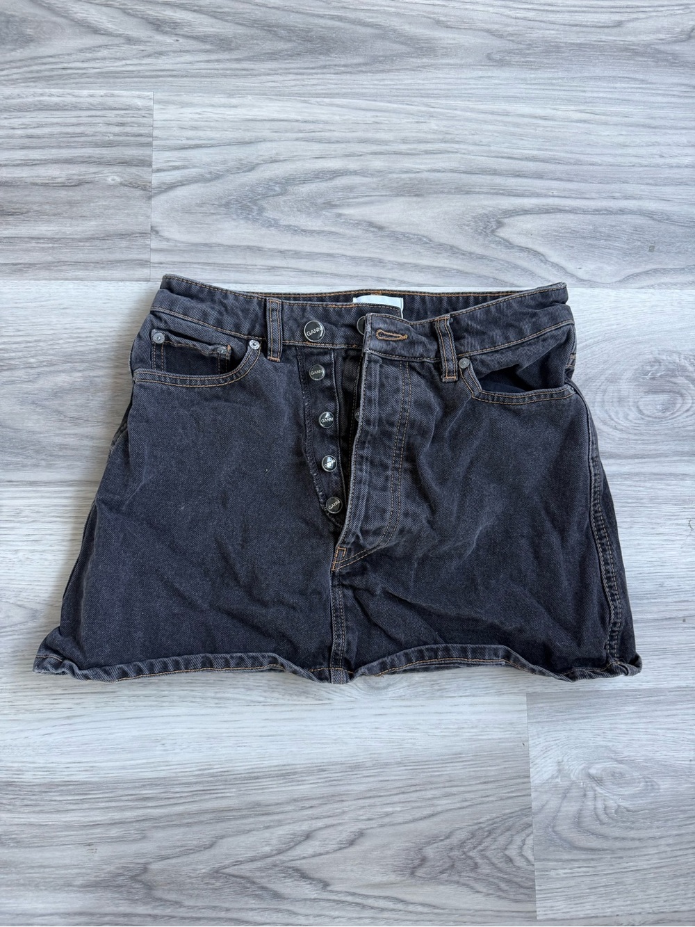 Ganni dark Blue Washed Denim Button-Front Mini Skirt